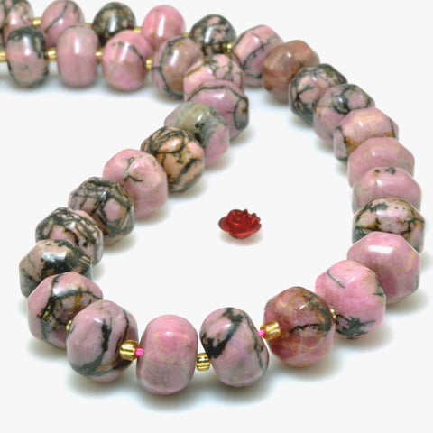 Natural Black Pink Rhodonite stone faceted pumpkin rondelle beads wholesale loose gemstone for jewelry making diy