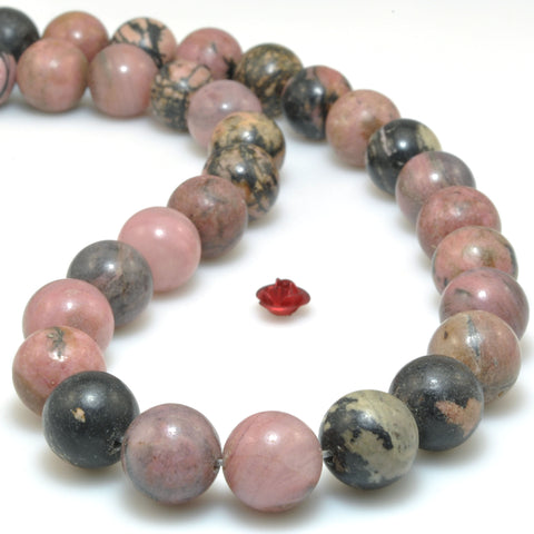 Natural Black Pink Rhodonite smooth round loose beads wholesale gemstone jewelry making 15"