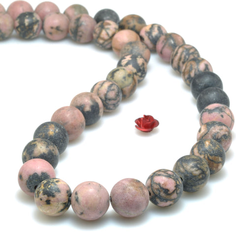 Natural Black Pink Rhodonite matte round beads wholesale loose gesmtone for jewelry making diy bracelet