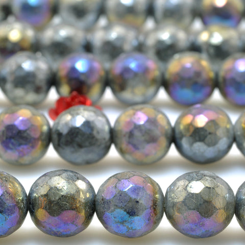 Titanium Coated Black Labradorite faceted round beads larvikite stone gesmtone wholesale jewelry 4mm-14mm