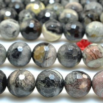 YesBeads Natural Black Silver Leaf Jasper faceted round beads wholesale gemstone jewelry making