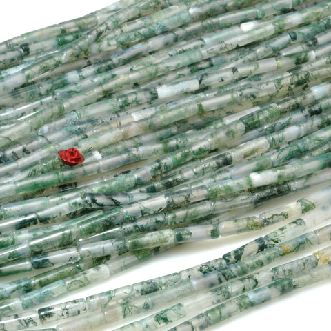 YesBeads Natural Green Moss Agate AA grade smooth tube cylinder beads gemstone wholesale jewelry making 15"
