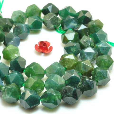 Natural Green Moss Agate star cut faceted nugget beads gemstone 8mm 15"