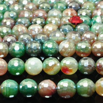 Green Banded Agate Titanium Coated Faceted Round Loose Beads Wholesale Gemstone Peacock Green Stone for Jewelry Making Bracelets