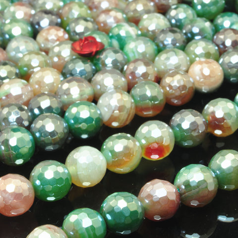 Green Banded Agate Titanium Coated Faceted Round Loose Beads Wholesale Gemstone Peacock Green Stone for Jewelry Making Bracelets