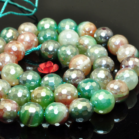Green Banded Agate Titanium Coated Faceted Round Loose Beads Wholesale Gemstone Peacock Green Stone for Jewelry Making Bracelets