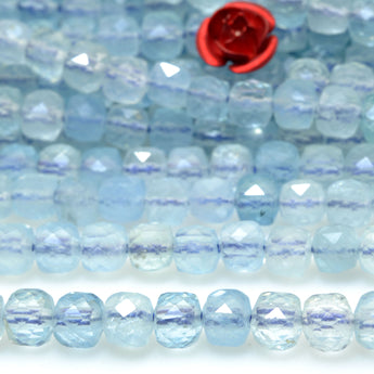 Natural Aquamarine gemstone A grade faceted cube loose beads wholesale jewelry making 4mm 15"