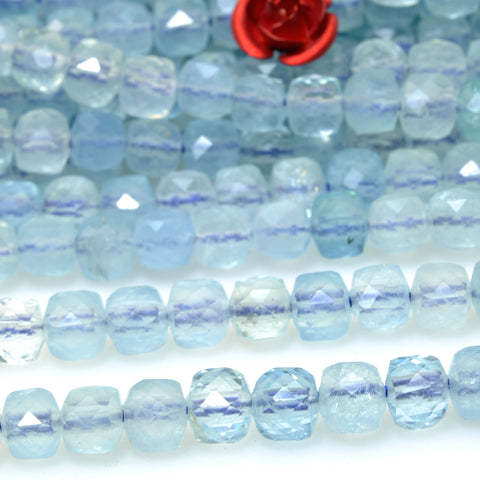Natural Aquamarine gemstone A grade faceted cube loose beads wholesale jewelry making 4mm 15"