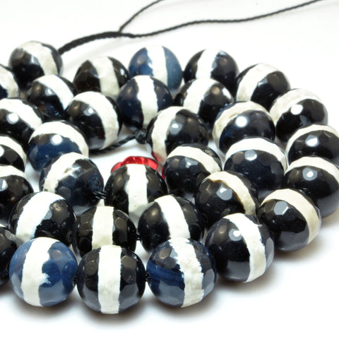 Retro Black Tibetan Agate OneLine Dzi faceted round beads wholesale gemstone jewelry 15"