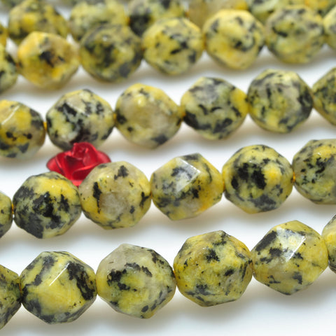 YesBeads Granite stone yellow speckled black star cut faceted nugget beads gemstone 15"