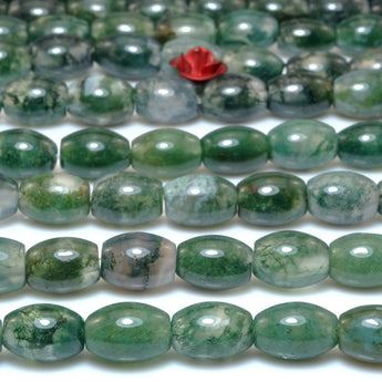 Natural moss agate green stone smooth rice drum beads loose gemstone wholesale for jewelry making bracelet necklace DIY