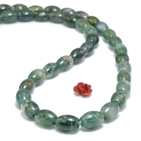 Natural moss agate green stone smooth rice drum beads loose gemstone wholesale for jewelry making bracelet necklace DIY