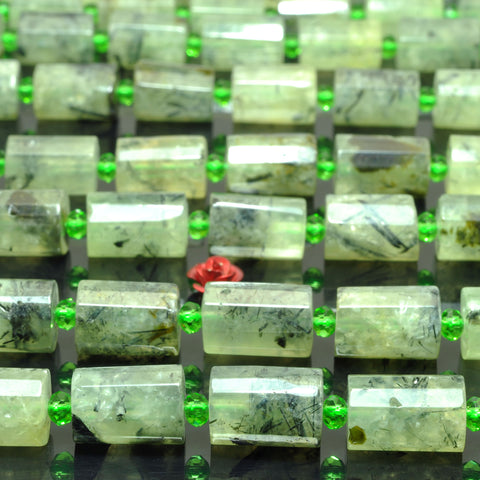 YesBeads Natural Green Prehnite faceted tube beads gemstone 10x14mm 15"