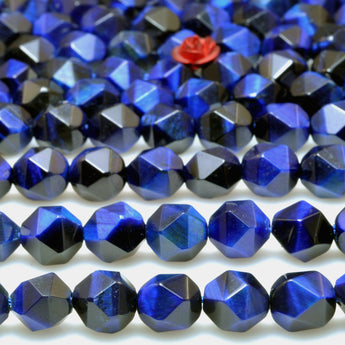 YesBeads Blue Tiger Eye star cut faceted nugget beads gemstone 6mm-10mm 15"