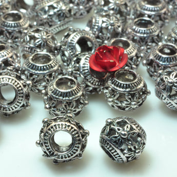 YesBeads 50pcs Vintage antique silver plated flower round metal spacer beads wholesale jewelry findings supplies