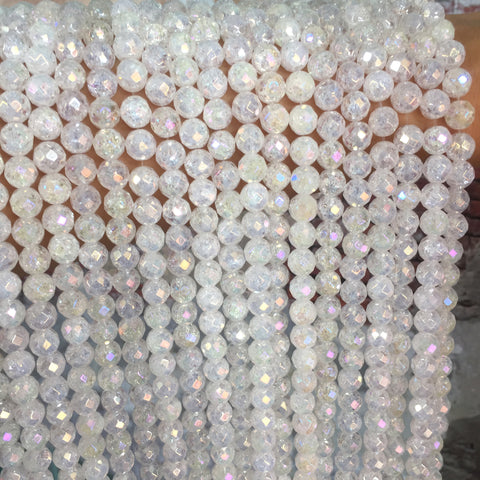 YesBeads Titanium snow clear quartz crackle rock crystal faceted round beads gemstone wholesale jewelry making 15"