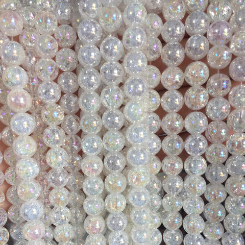 YesBeads Titanium snow clear quartz crackle rock crystal smooth round beads gemstone wholesale jewelry making 15"