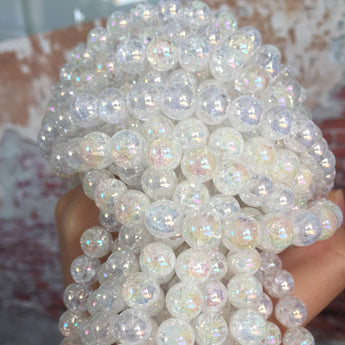 YesBeads Titanium snow clear quartz crackle rock crystal smooth round beads gemstone wholesale jewelry making 15"