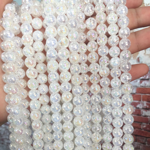 YesBeads Titanium snow clear quartz crackle rock crystal smooth round beads gemstone wholesale jewelry making 15"