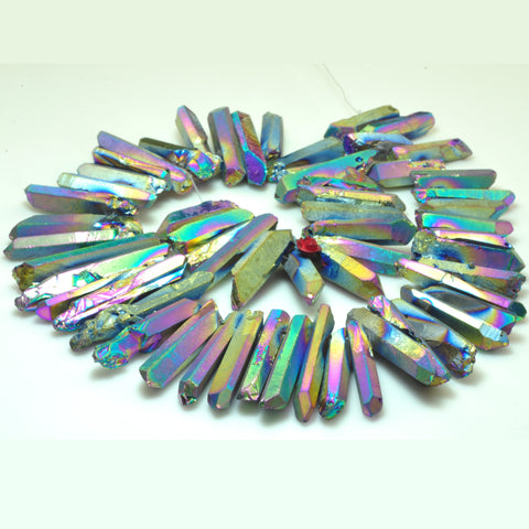 Quartz crystal points titanium coated mystic rainbow rough gemstone matte spike tower beads 15"