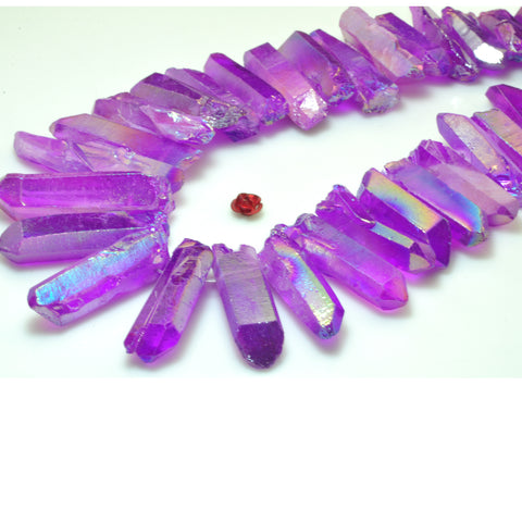 Quartz crystal points titanium coated purple mystic AB rough matte spike tower stick beads 15"