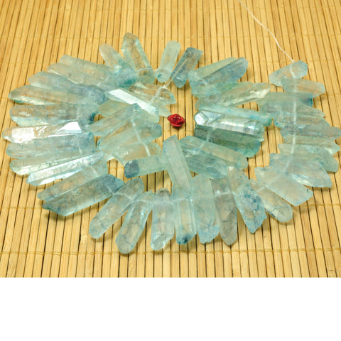 YesBeads Quartz crystal points titanium coated blue rough matte spike tower stick beads gemstone 15"