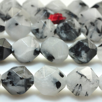 YesBeads Natural Black Rutilated Quartz star cut faceted nugget beads gemstone 15"