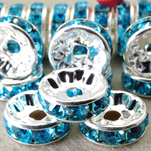 YesBeads 100pcs Silver plated aqua blue crystal rhinestone rondelle spacer beads wholesale findings jewelry-Straight Edge