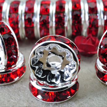 YesBeads 100pcs Silver plated red crystal rhinestone rondelle spacer beads wholesale findings jewelry-Straight Edge