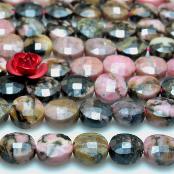 YesBeads natural black banded Rhodonite gemstone faceted coin loose beads wholesale jewelry making 6mm 15"