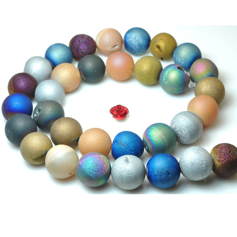 YesBeads Rainbow Druzy Agate titanium coated mix gemstone matte round loose beads wholesale jewelry making 15"