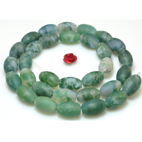YesBeads Natural Green Moss Agate matte rice beads gemstone wholesale jewelry making 15"