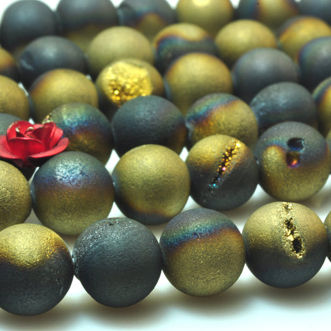 YesBeads Druzy Agate titanium coated black gold agate matte round beads gemstone 15"