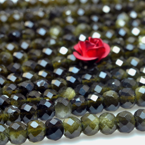 YesBeads Natural black golden obsidian faceted rondelle loose beads gemstone wholesale jewelry making 3x4mm 15"