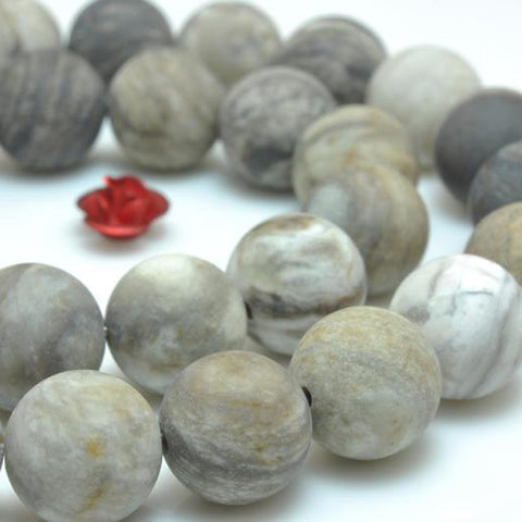 YesBeads Natural Gray Silver Leaf Jasper matte round beads gemstone 8mm-12mm 15"