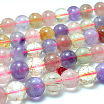 YesBeads Natural Rainbow Rutilated Quartz smooth round beads mix Amethyst Strawberry Quartz gemstone wholesale 15"