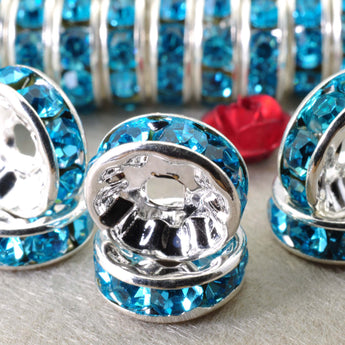 YesBeads 100pcs Silver plated aqua blue crystal rhinestone rondelle spacer beads wholesale findings jewelry-Straight Edge