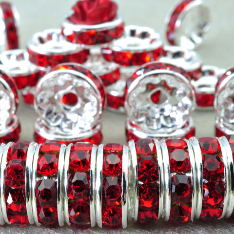 YesBeads 100pcs Silver plated red crystal rhinestone rondelle spacer beads wholesale findings jewelry-Straight Edge