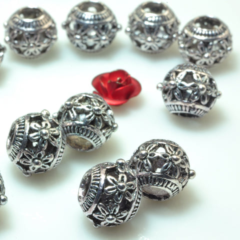 YesBeads 50pcs Vintage antique silver plated flower round metal spacer beads wholesale jewelry findings supplies