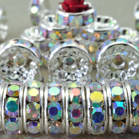 YesBeads 100pcs Silver plated AB rainbow crystal rhinestone rondelle spacer beads wholesale findings jewelry-Straight Edge
