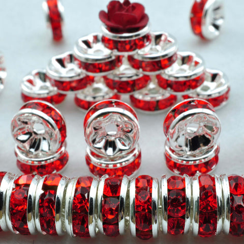 YesBeads 100pcs Silver plated red crystal rhinestone rondelle spacer beads wholesale findings jewelry-Straight Edge