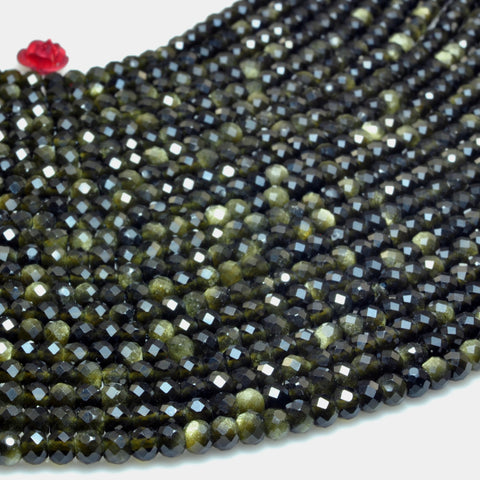 YesBeads Natural black golden obsidian faceted rondelle loose beads gemstone wholesale jewelry making 3x4mm 15"