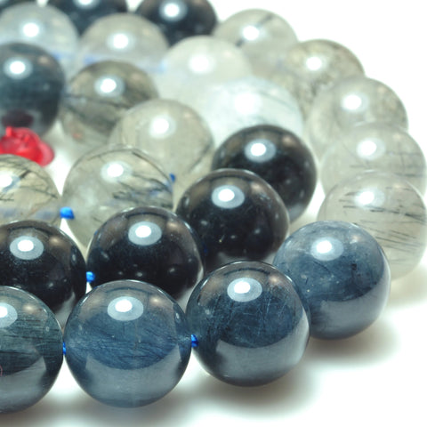 YesBeads Natural blue rutilated quartz mix gemstone smooth round loose beads wholesale jewelry 15"