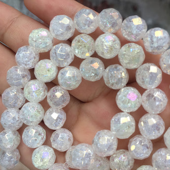 YesBeads Titanium snow clear quartz crackle rock crystal faceted round beads gemstone wholesale jewelry making 15"