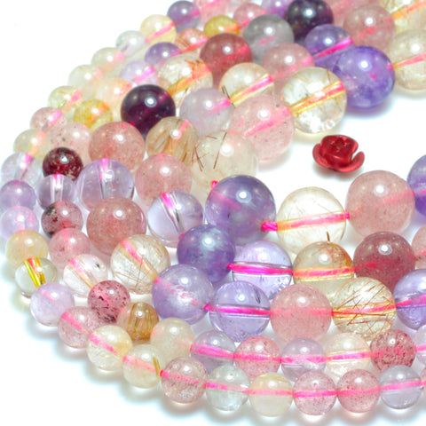 YesBeads Natural Rainbow Rutilated Quartz smooth round beads mix Amethyst Strawberry Quartz gemstone wholesale 15"