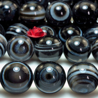 YesBeads Natural Black Eye Agate smooth round beads banded agate gemstone wholesale jewelry making 15"