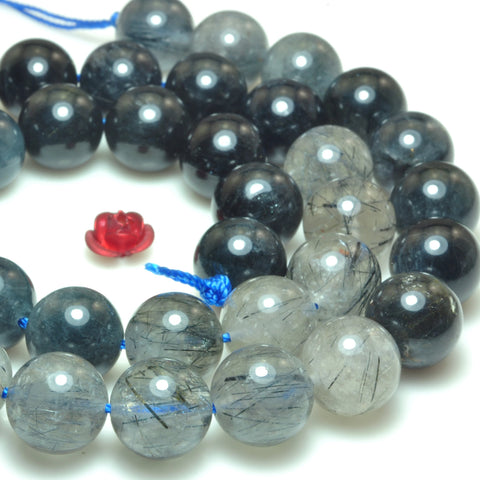 YesBeads Natural blue rutilated quartz mix gemstone smooth round loose beads wholesale jewelry 15"