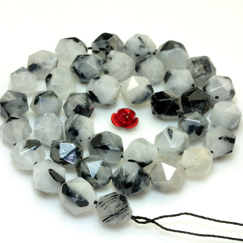 YesBeads Natural Black Rutilated Quartz star cut faceted nugget beads gemstone 15"
