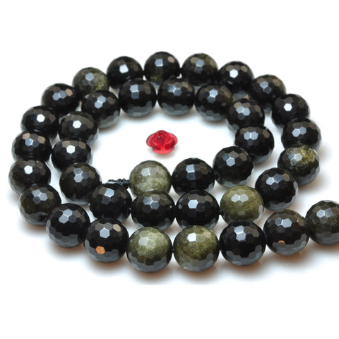 YesBeads Natural Black Golden Obsidian faceted round beads wholesale gemstone jewelry making 15"