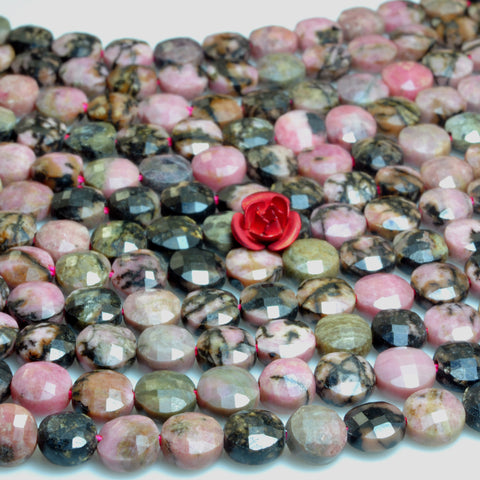 YesBeads natural black banded Rhodonite gemstone faceted coin loose beads wholesale jewelry making 6mm 15"